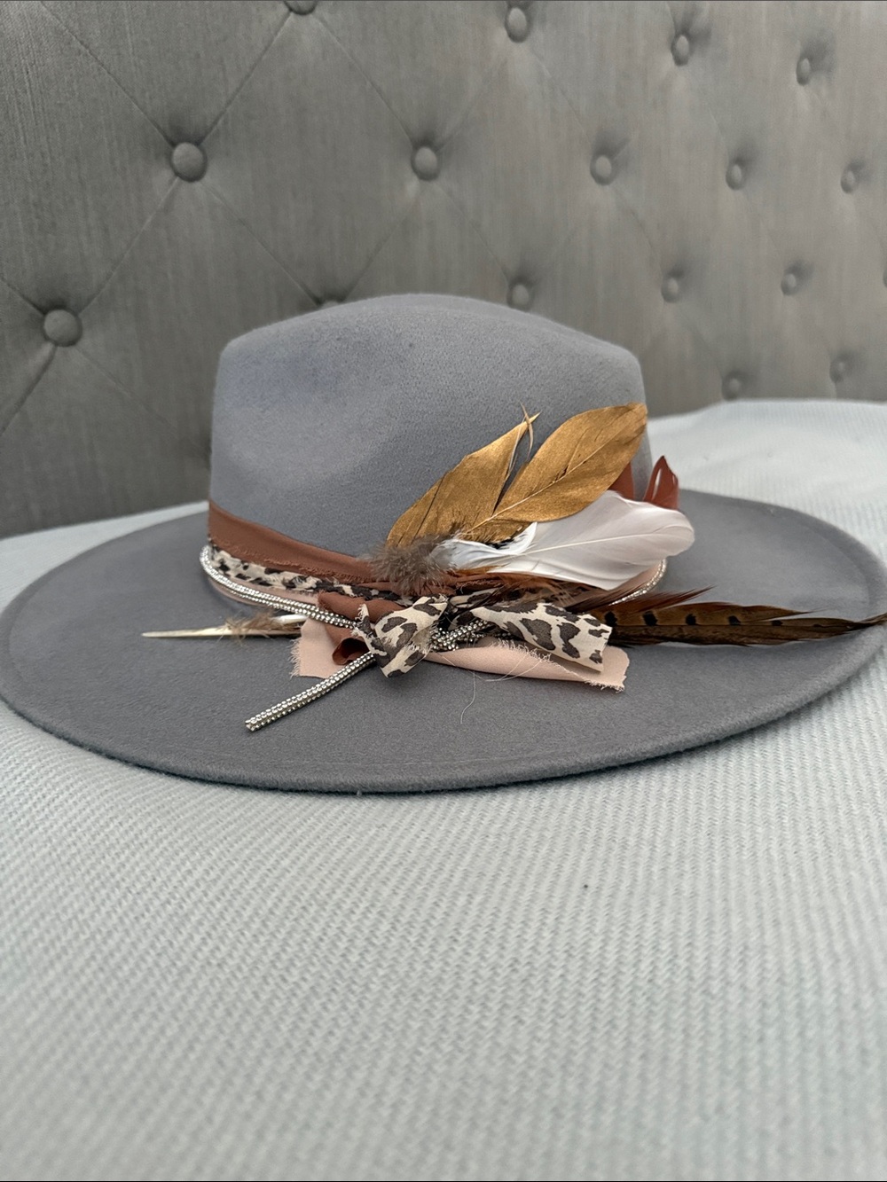 Gray Wide-Brim Fedora with Feather Trim